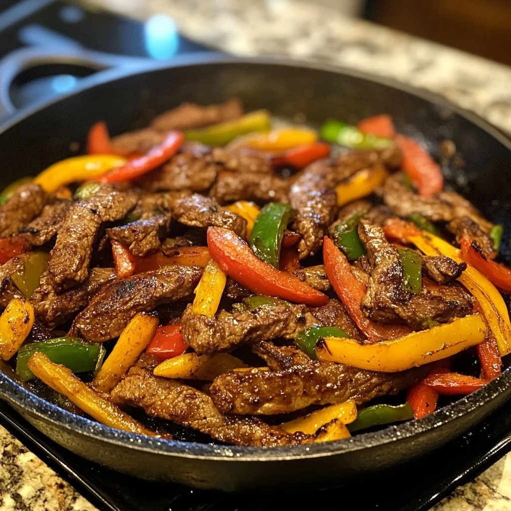 Cooked skillet steak fajitas with peppers and onions served on a plate