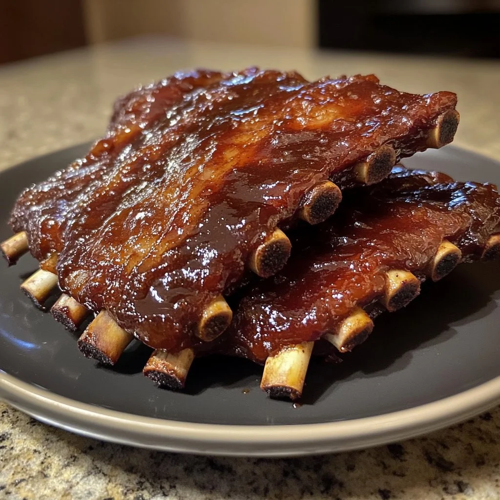 Delicious slow cooker BBQ baby back ribs garnished and ready to serve.