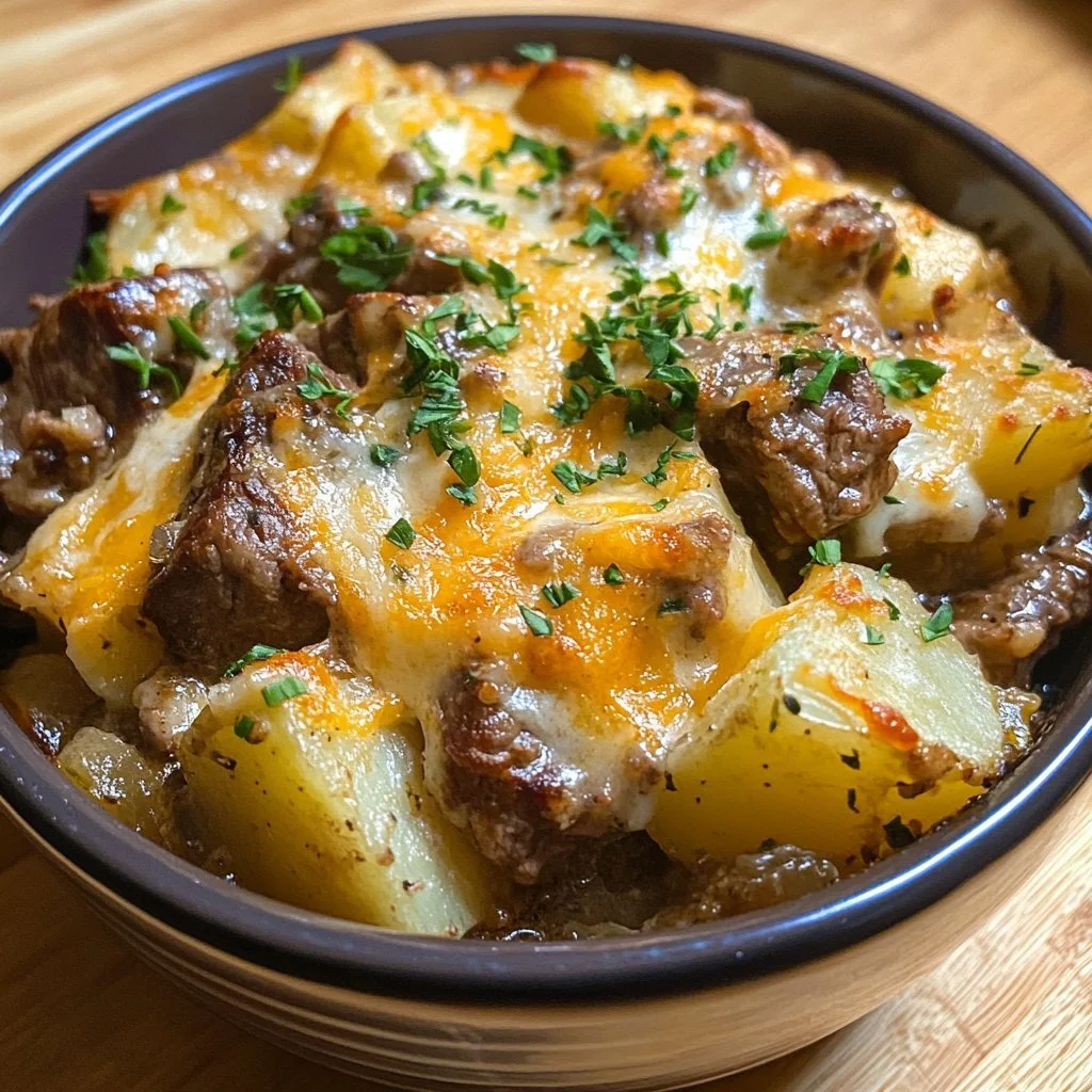 Delicious slow cooker loaded steak and potato bake with melted cheese and herbs