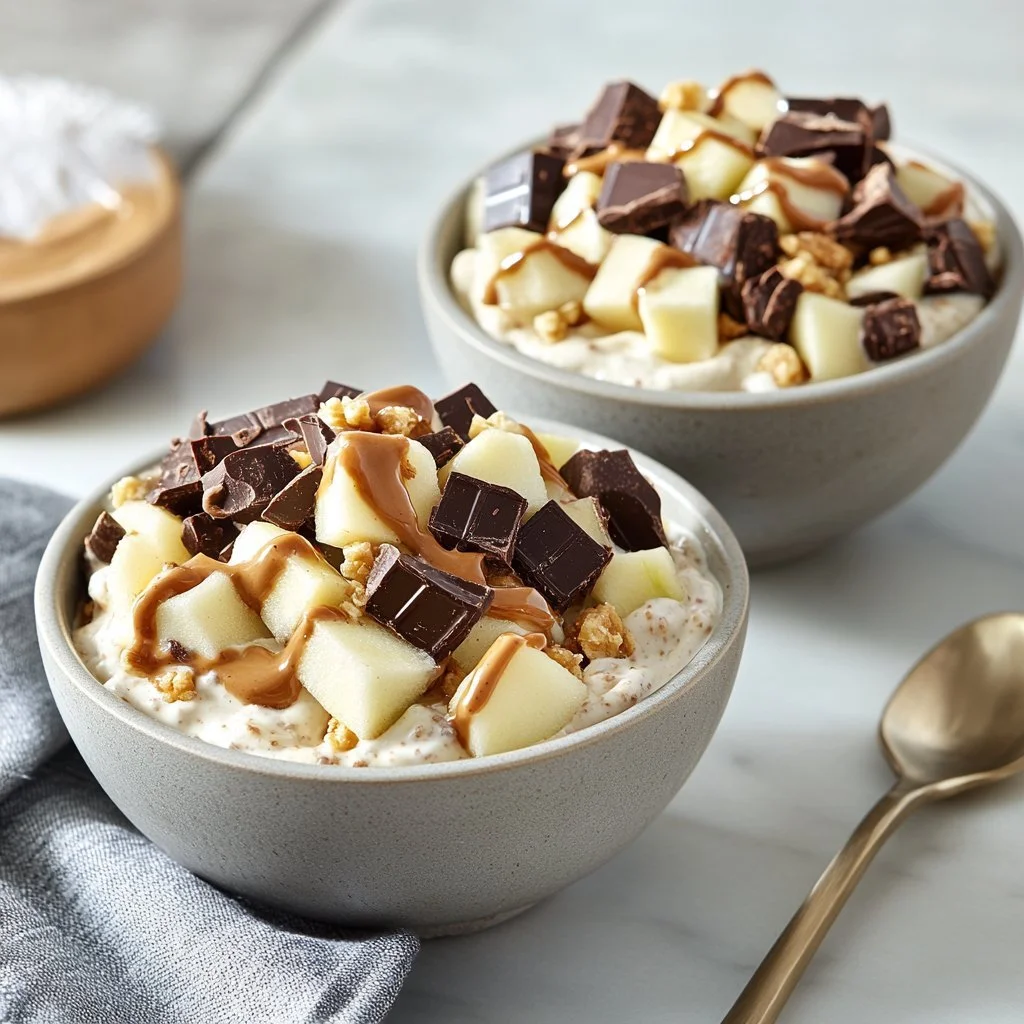 Delicious Snickers Salad Protein Bowl with chocolate, caramel, and nuts.