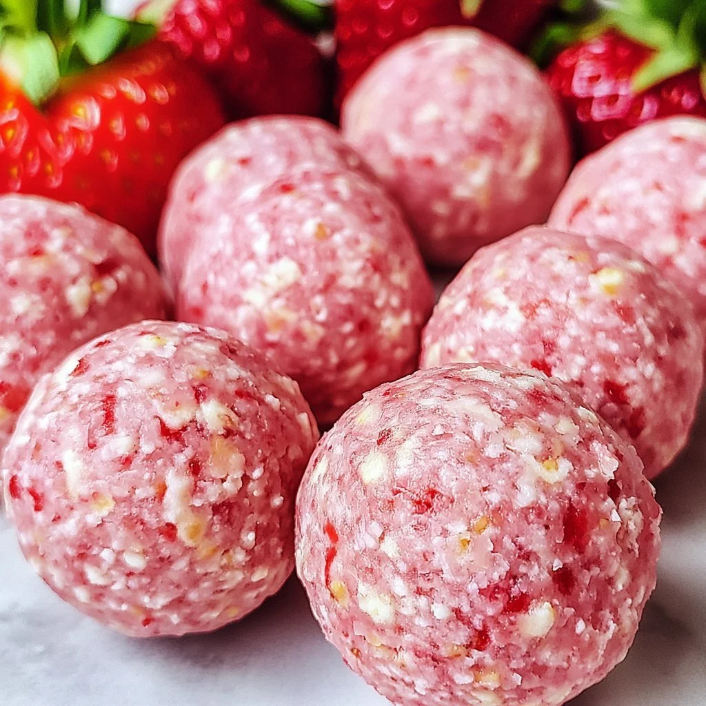 Strawberry cheesecake protein balls on a plate, nutritious and indulgent treat.