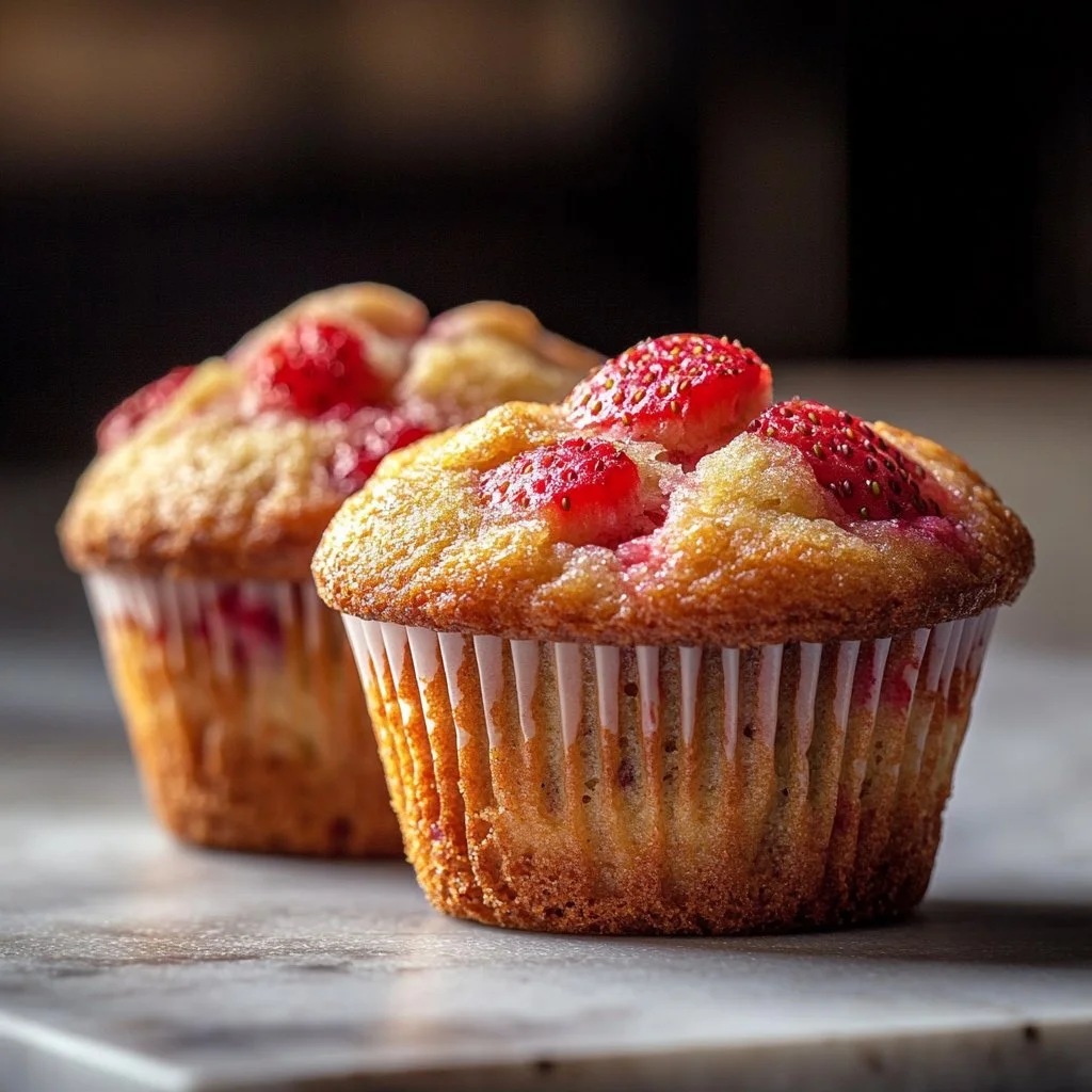 Delicious strawberry protein muffins on a wooden table