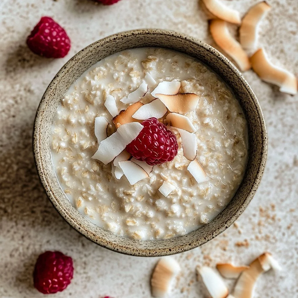 Bowl of creamy coconut cream oats topped with fresh fruits and nuts