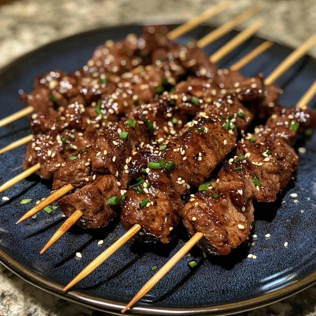 Delicious Teriyaki Beef Skewers garnished with sesame seeds.