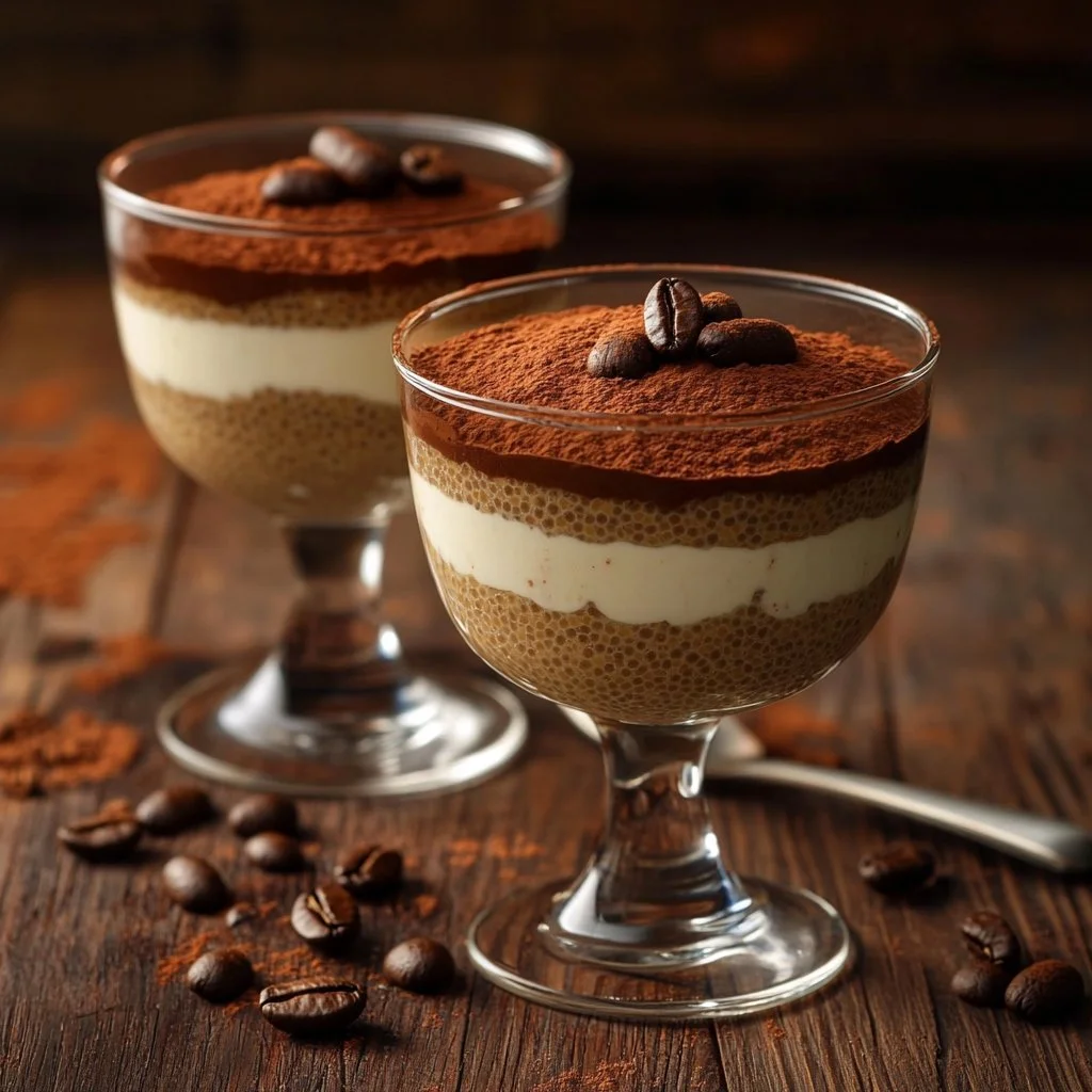 Delicious tiramisu chia pudding topped with Greek yogurt and cocoa