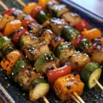Colourful vegetable skewers ready for grilling with fresh vegetables