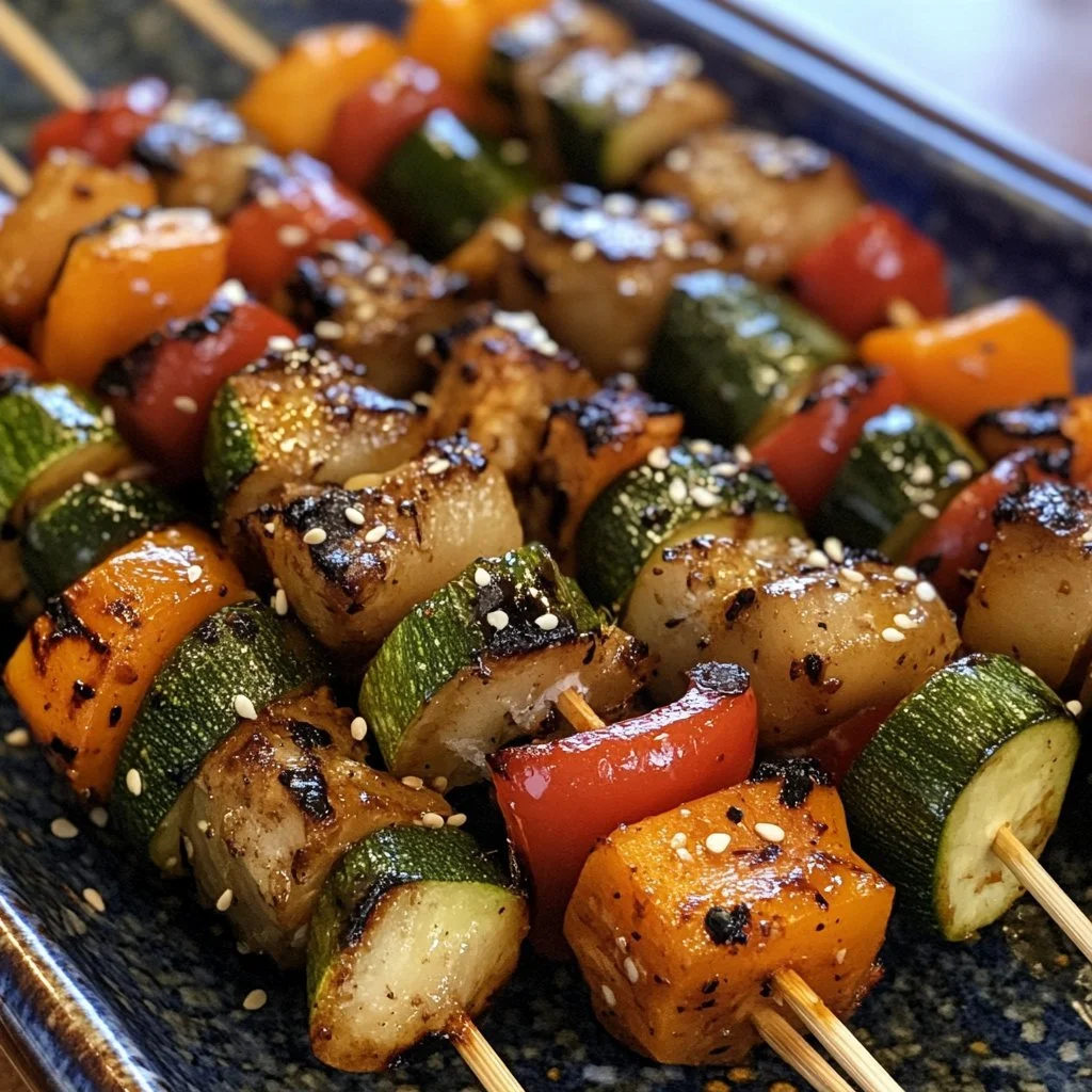 Colourful vegetable skewers ready for grilling with fresh vegetables