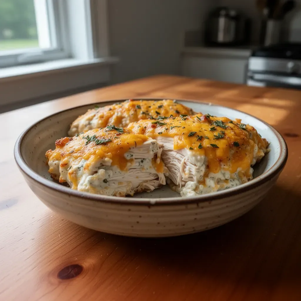A delicious 4-Ingredient Ranch Chicken Bake garnished with herbs.