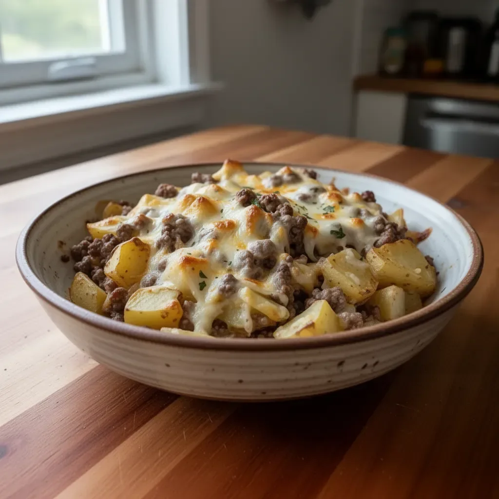 5-Ingredient Burger and Potato Bake prepared in a baking dish