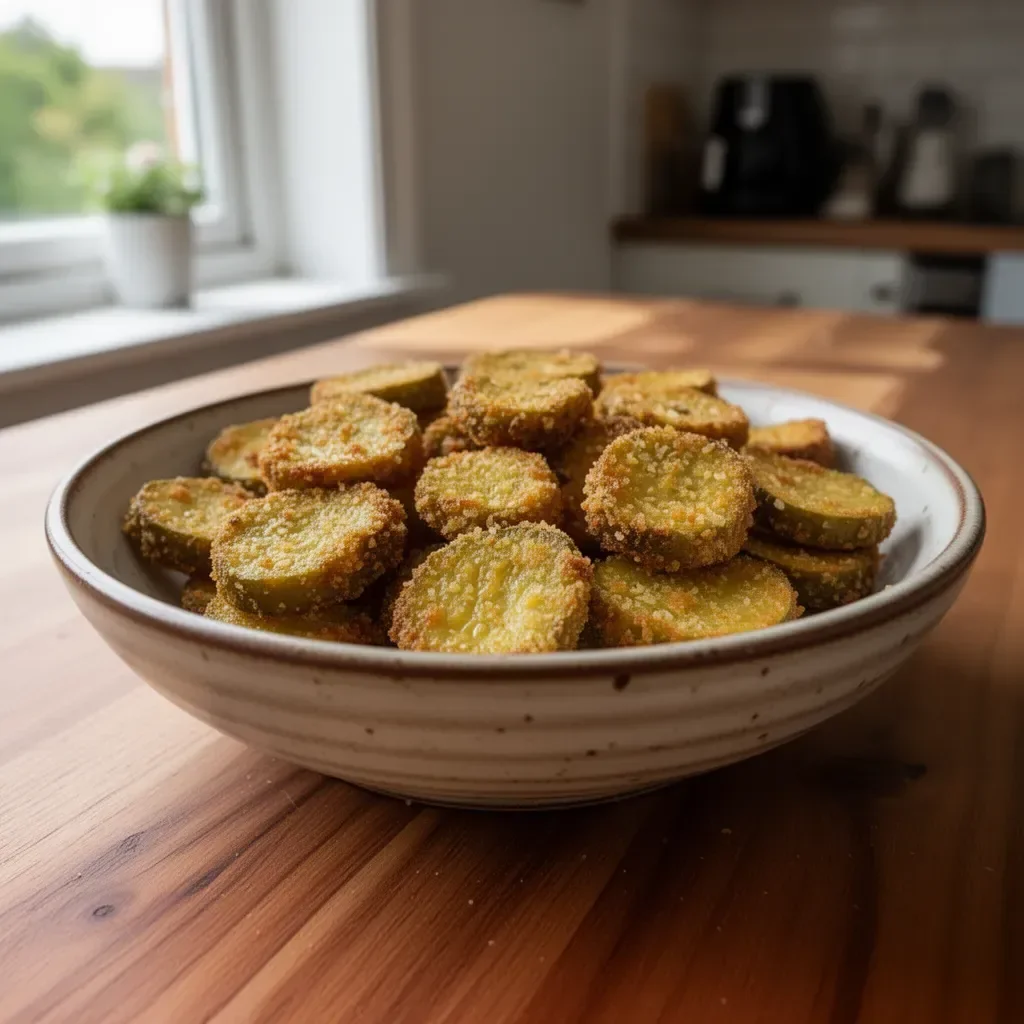 Crispy air fryer fried gherkins served on a plate