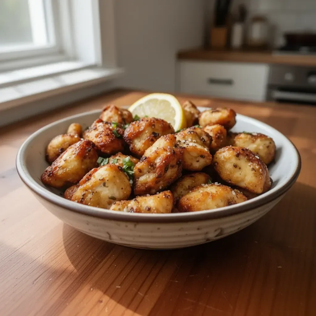 Crispy Air Fryer Lemon Chicken Bites with fresh lemon wedges