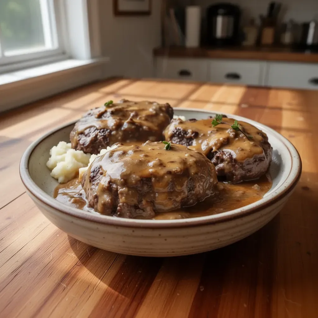 A delicious plate of Amish Poor Man's Steak served with vegetables.