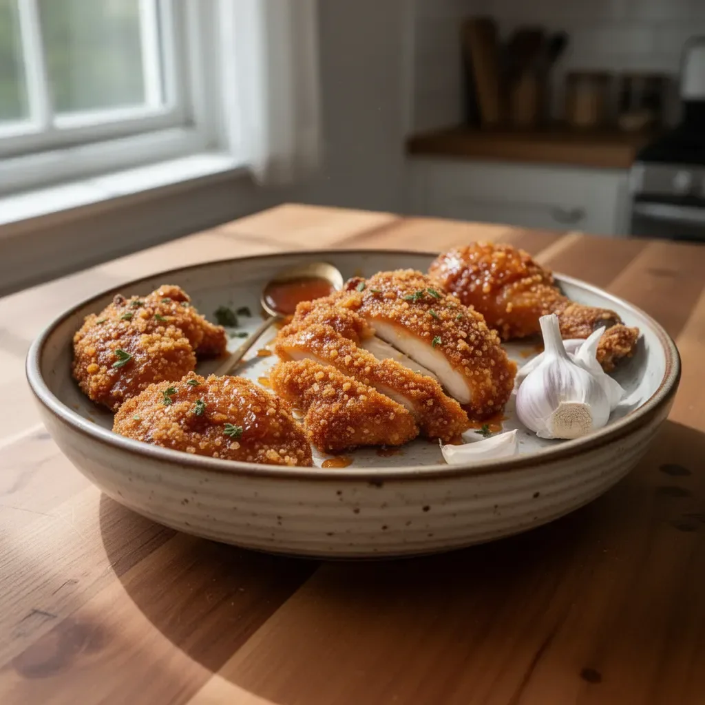 Baked Crunchy Hot Honey Chicken served on a plate with garnishes