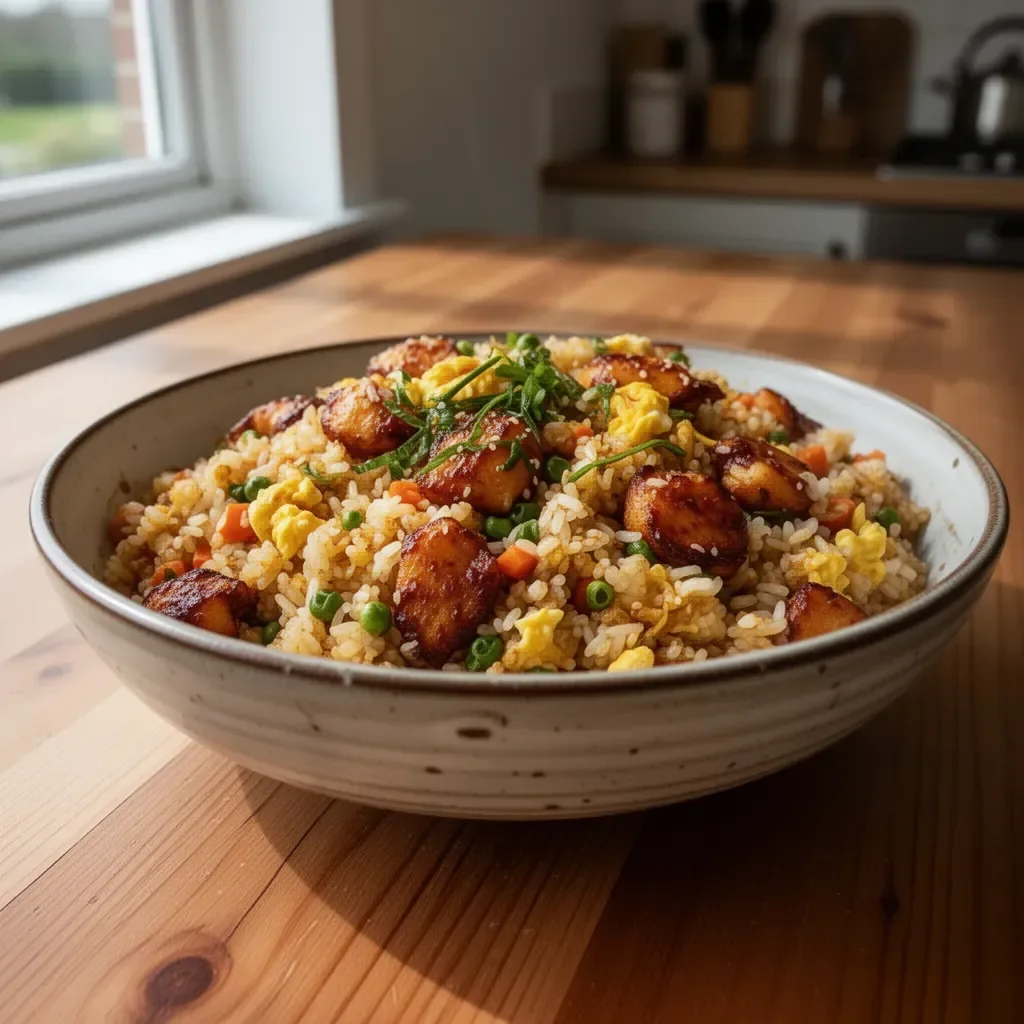 A vibrant bowl of Bang Bang Fried Rice with colorful vegetables and spices.