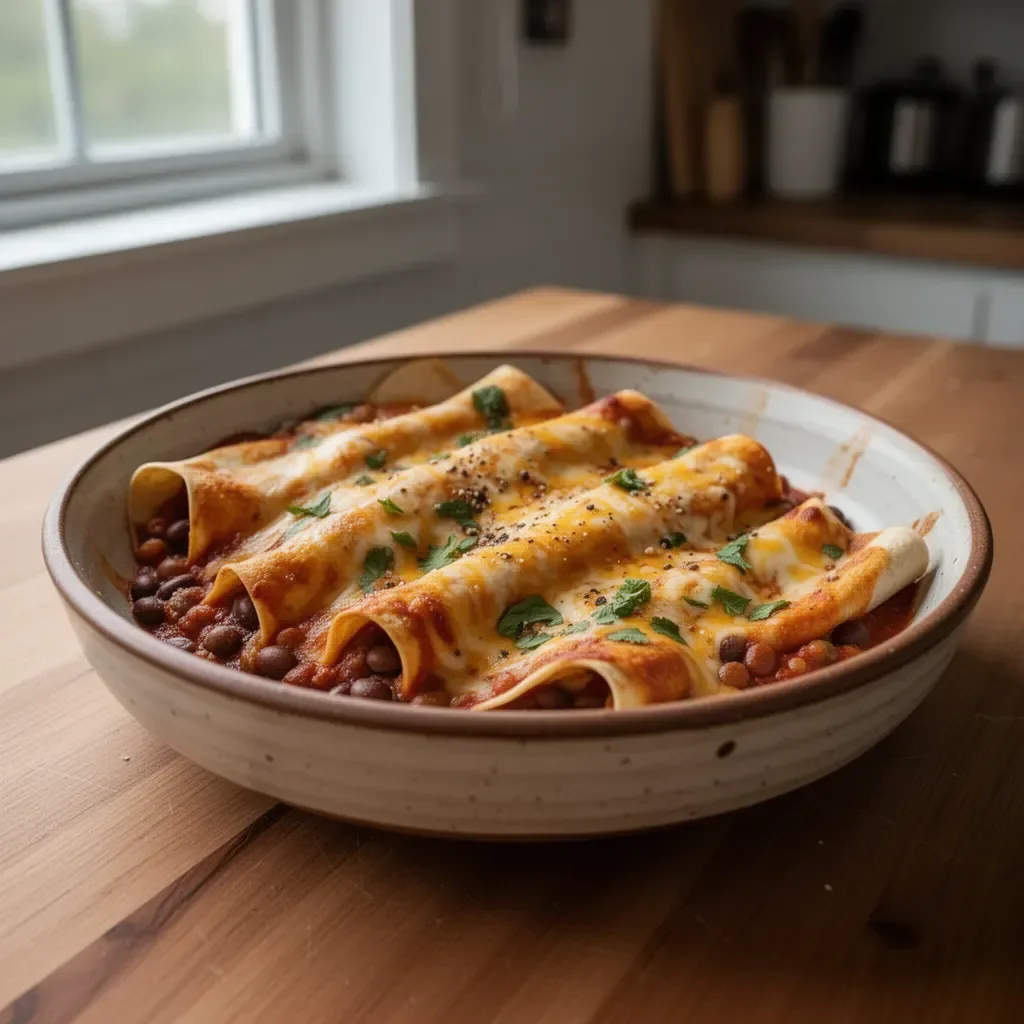 Plate of delicious homemade bean and cheese enchiladas topped with salsa