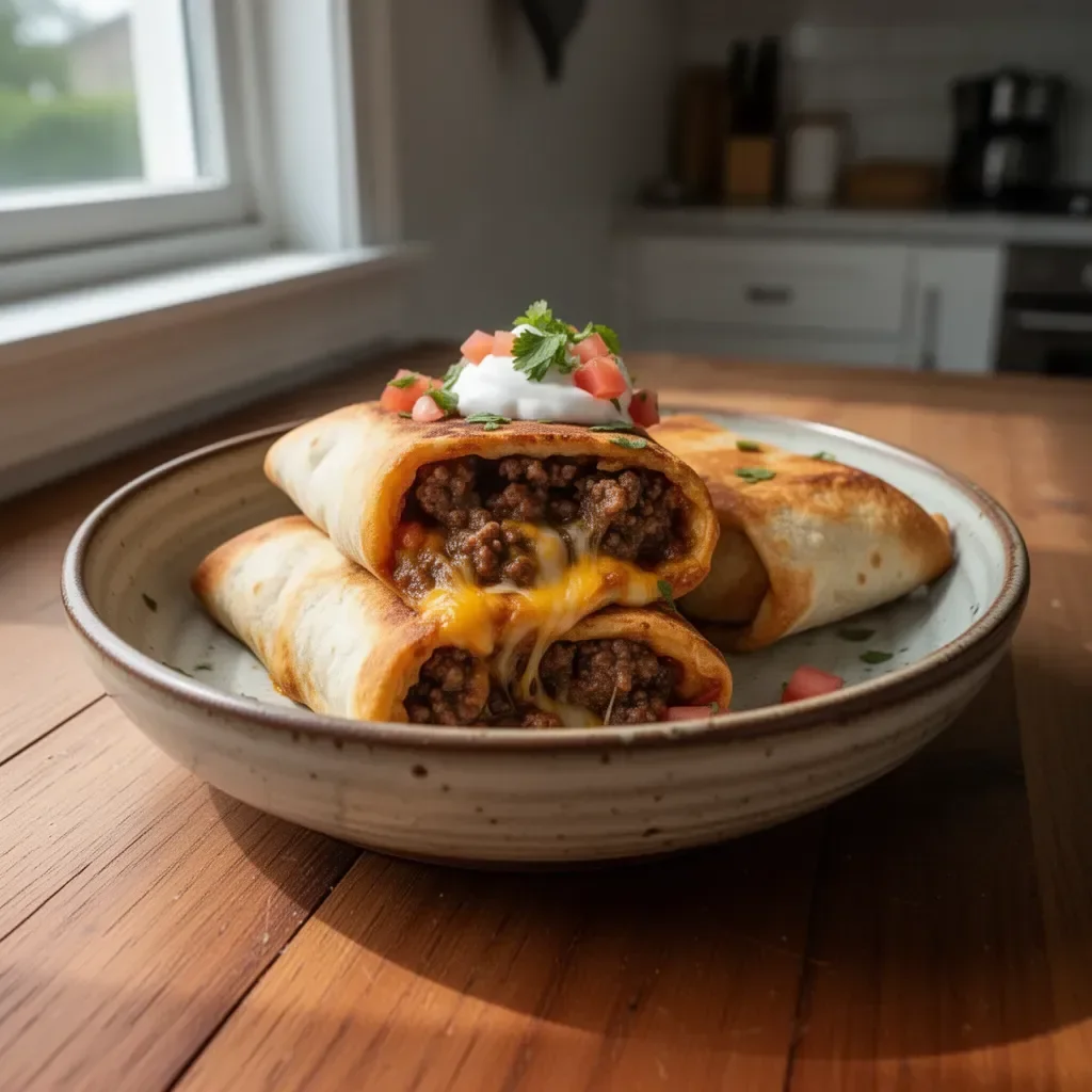 Delicious beef and cheese chimichangas served with salsa and guacamole.