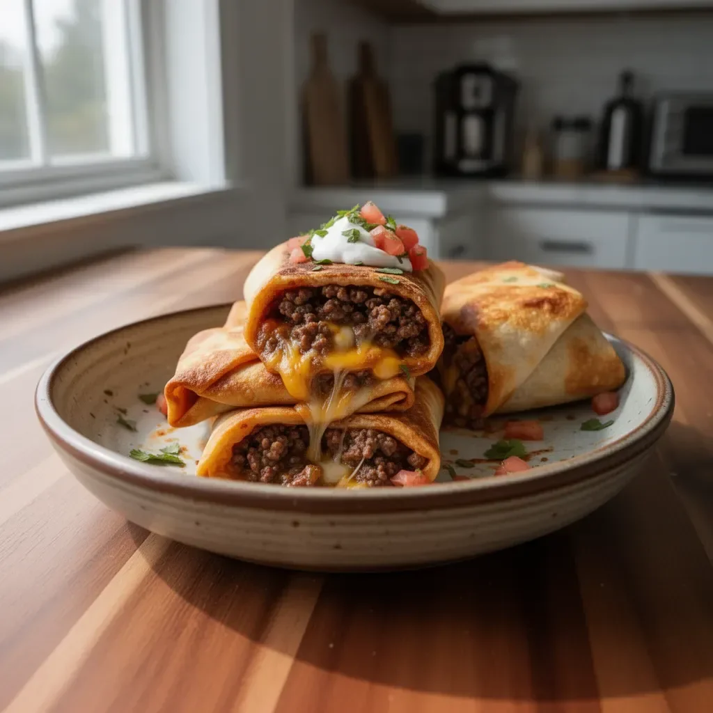Plate of beef and cheese chimichangas garnished with salsa and avocado