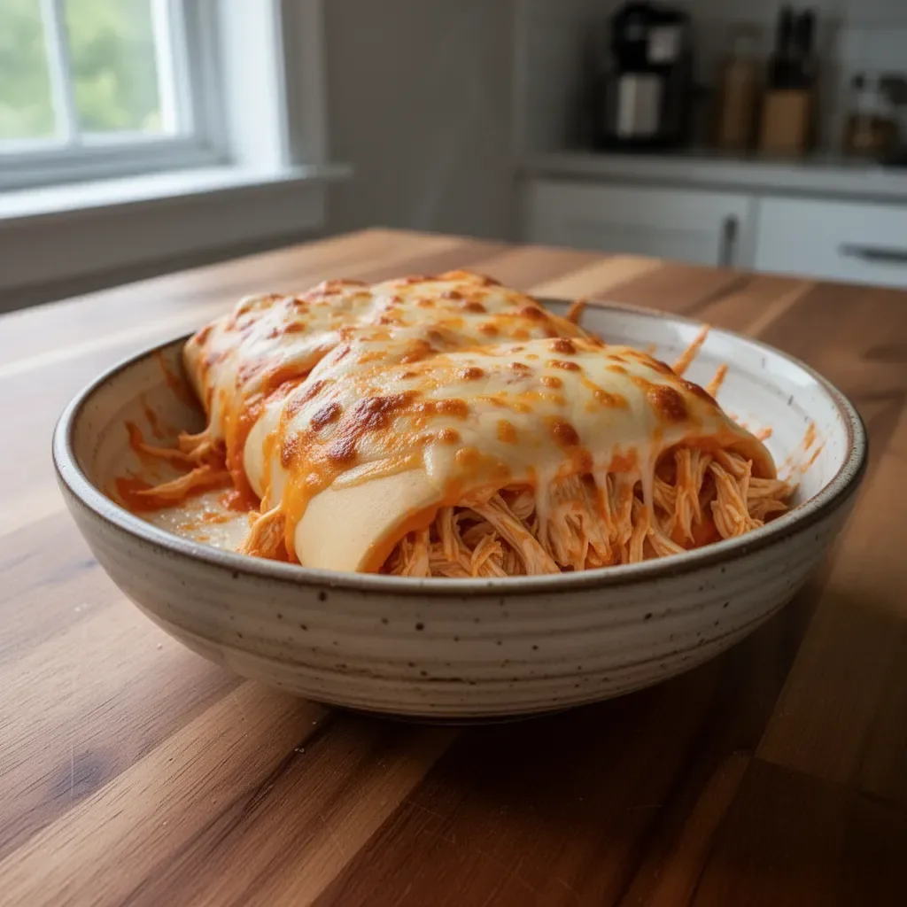 Delicious Buffalo Chicken Cheese Bake topped with melted cheese and spicy sauce