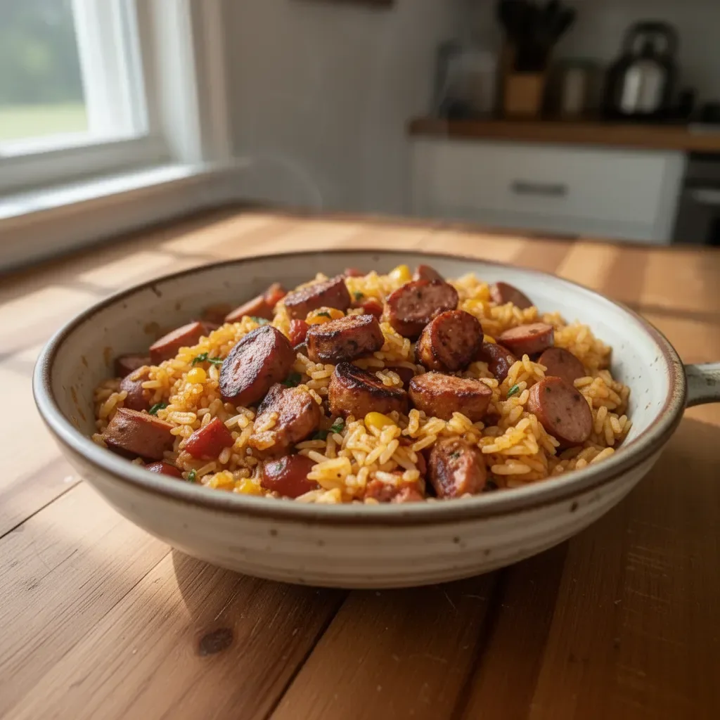 Cajun Sausage and Rice Skillet with spices, peppers, and herbs in a pan