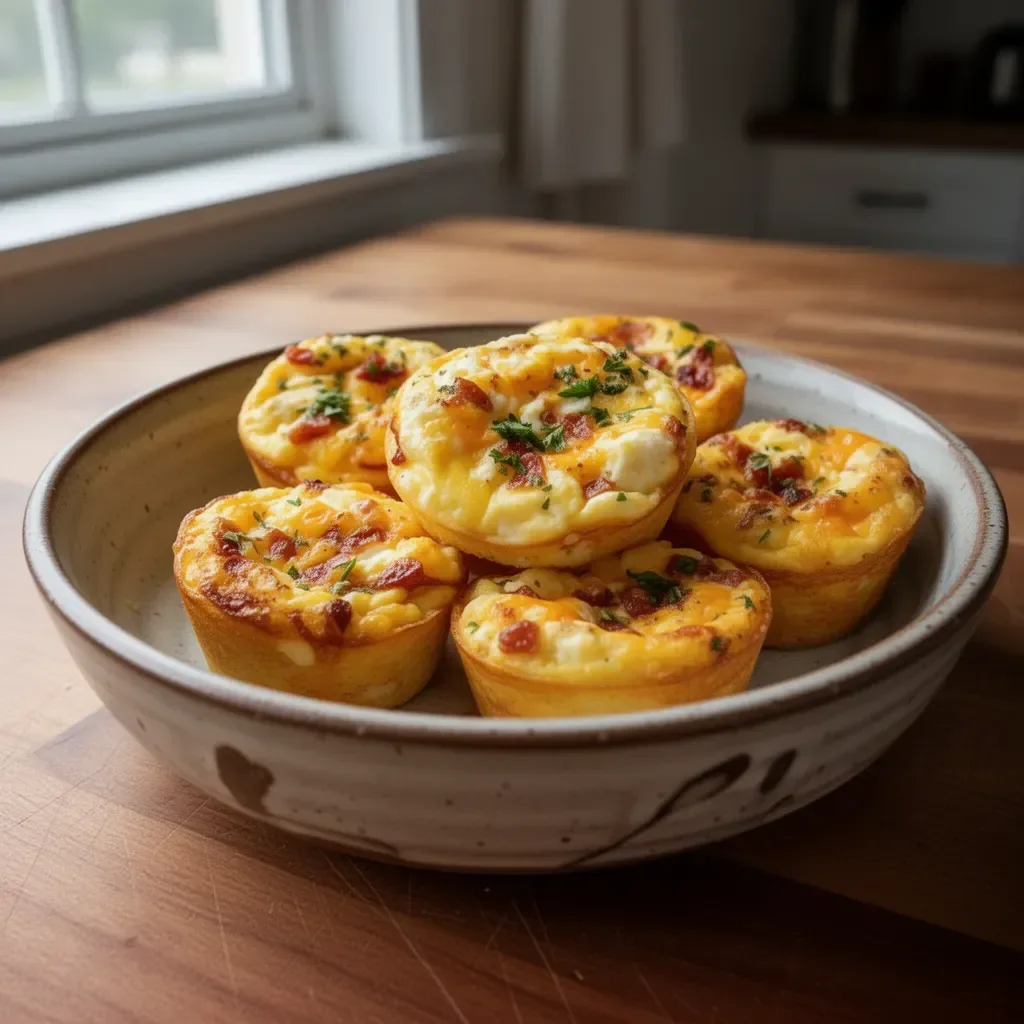 Cheesy muffin tin cottage cheese egg bites ready to serve as a healthy breakfast.