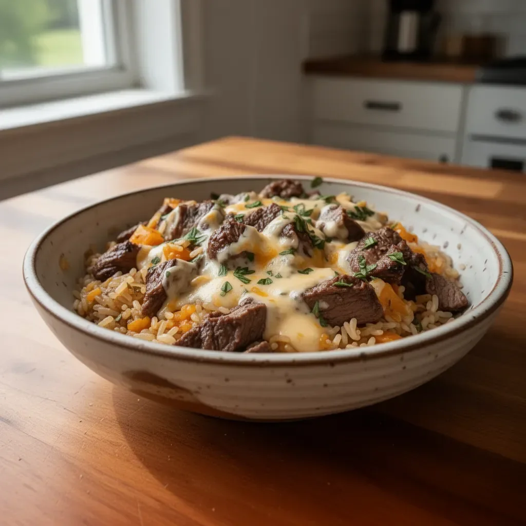 Cheesy steak and rice skillet served in a frying pan with fresh herbs