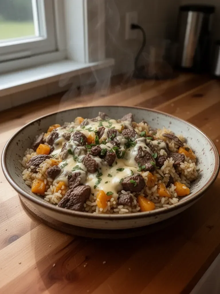 Cheesy Steak and Rice Skillet