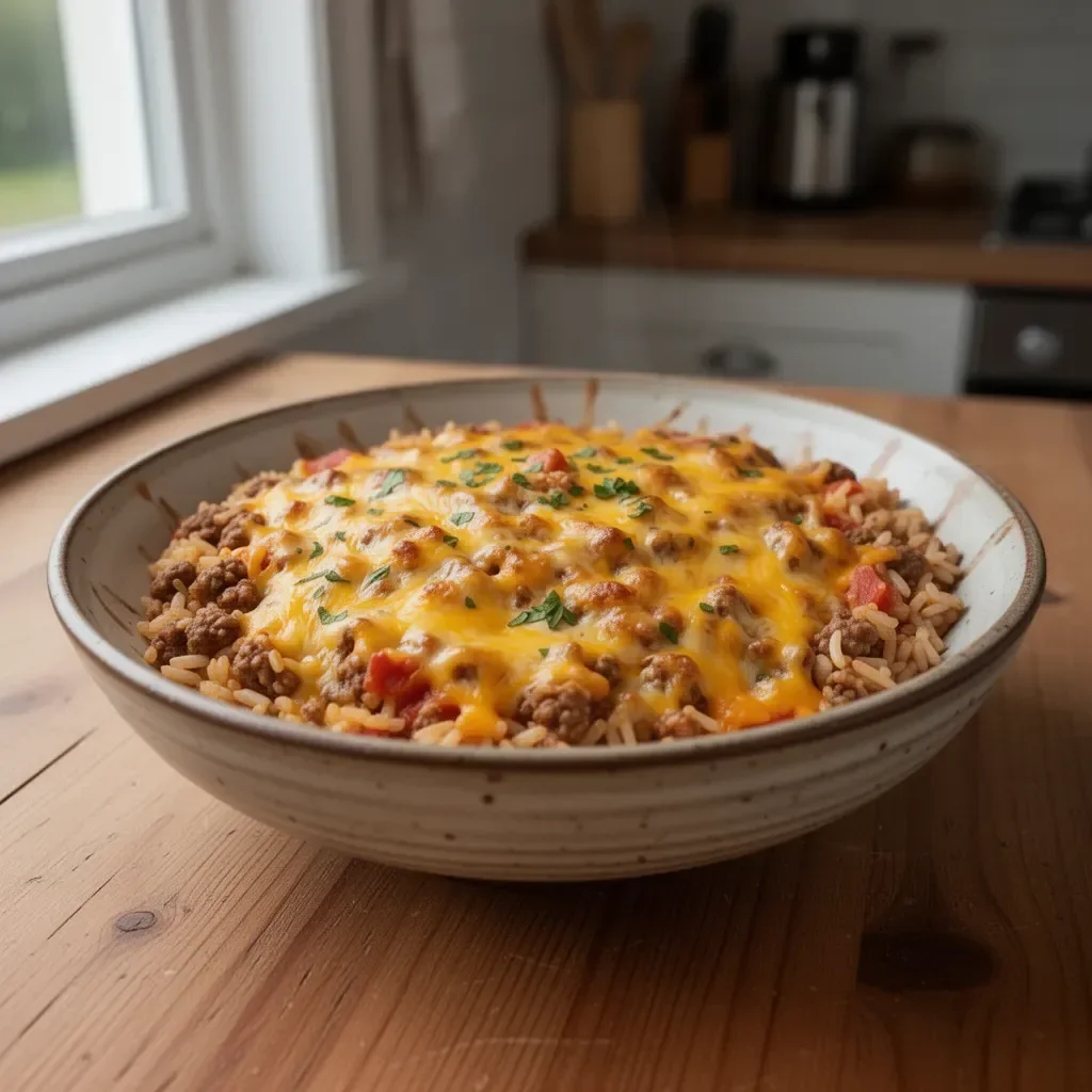 Delicious Cheesy Taco Rice served in a bowl garnished with fresh herbs