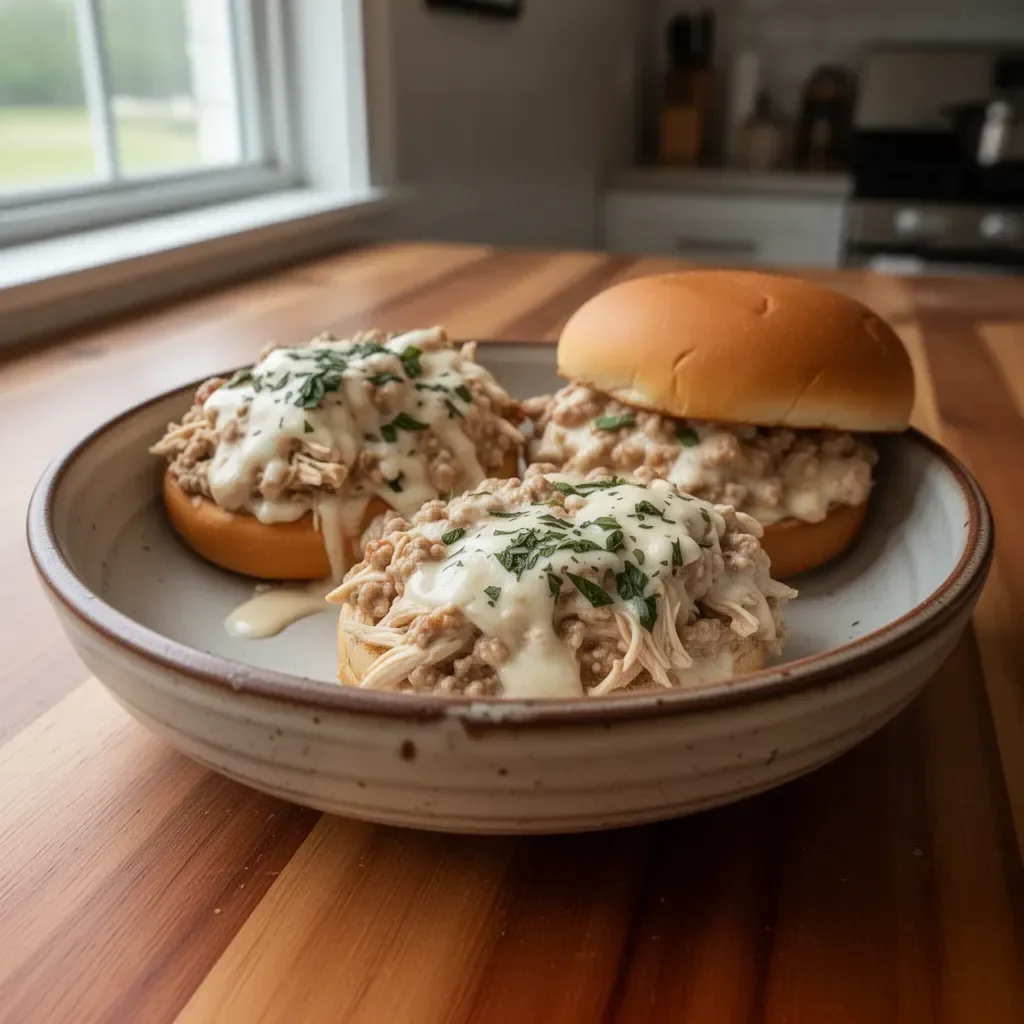 Chicken Alfredo Sloppy Joes served on a plate with garnish