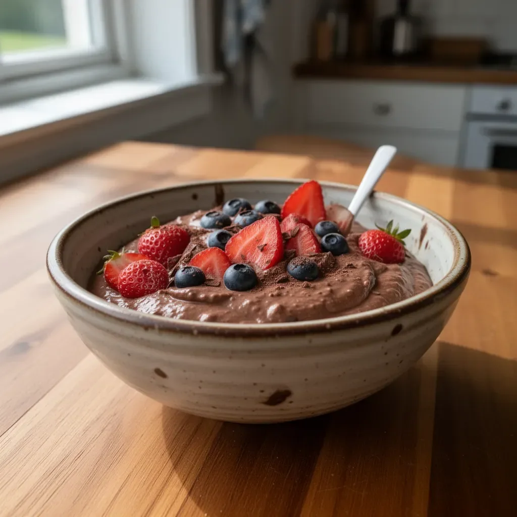 Delicious chocolate protein pudding in a bowl, perfect for healthy snacks.