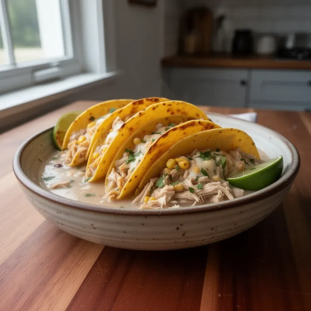 Corn tortilla white chicken chilli tacos ready to serve