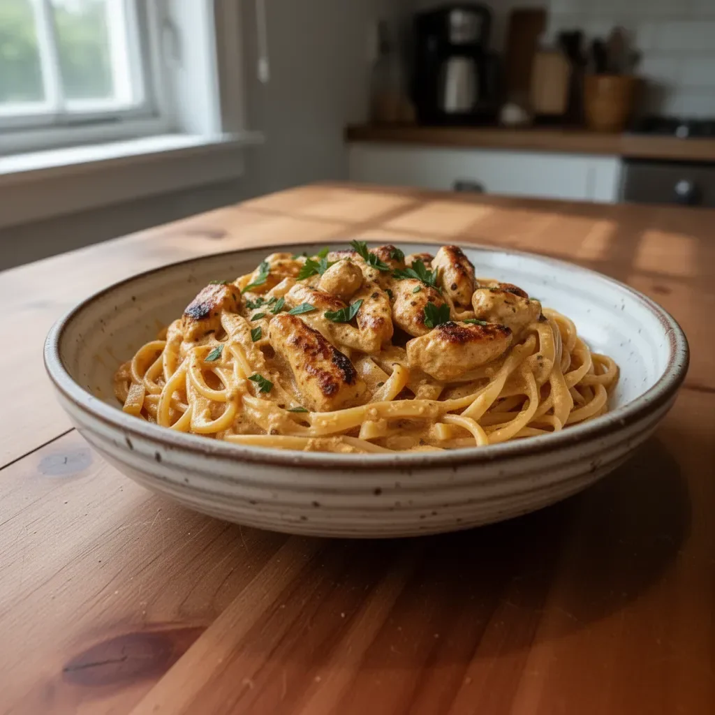 Delicious Cowboy Butter Chicken Linguine with creamy sauce and herbs