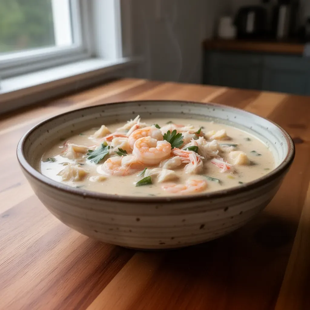 Delicious crab and shrimp seafood bisque in a bowl