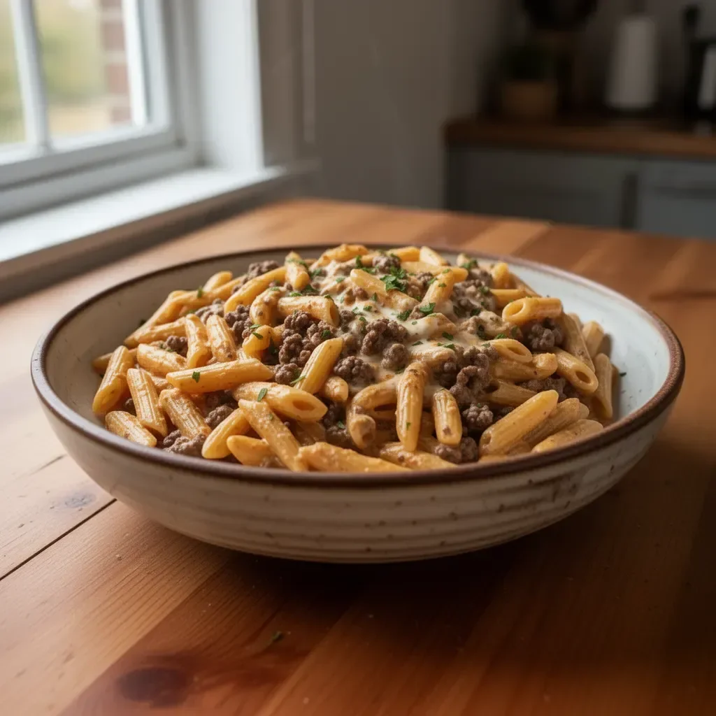 Creamy high protein beef pasta dish garnished with parsley