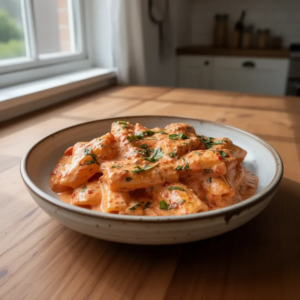 Creamy Tomato Garlic Pasta dish garnished with herbs and served in a bowl.