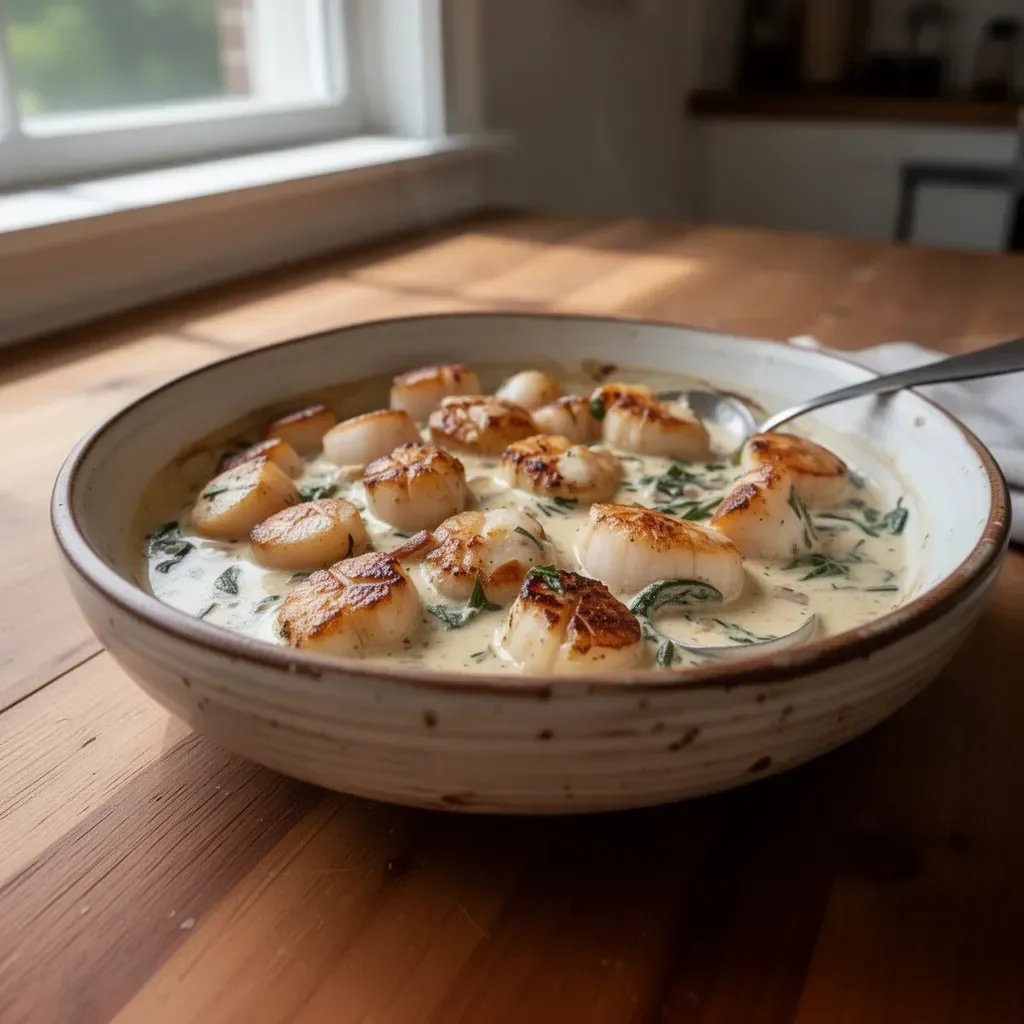 Delicious creamy Tuscan scallops served in a gourmet dish
