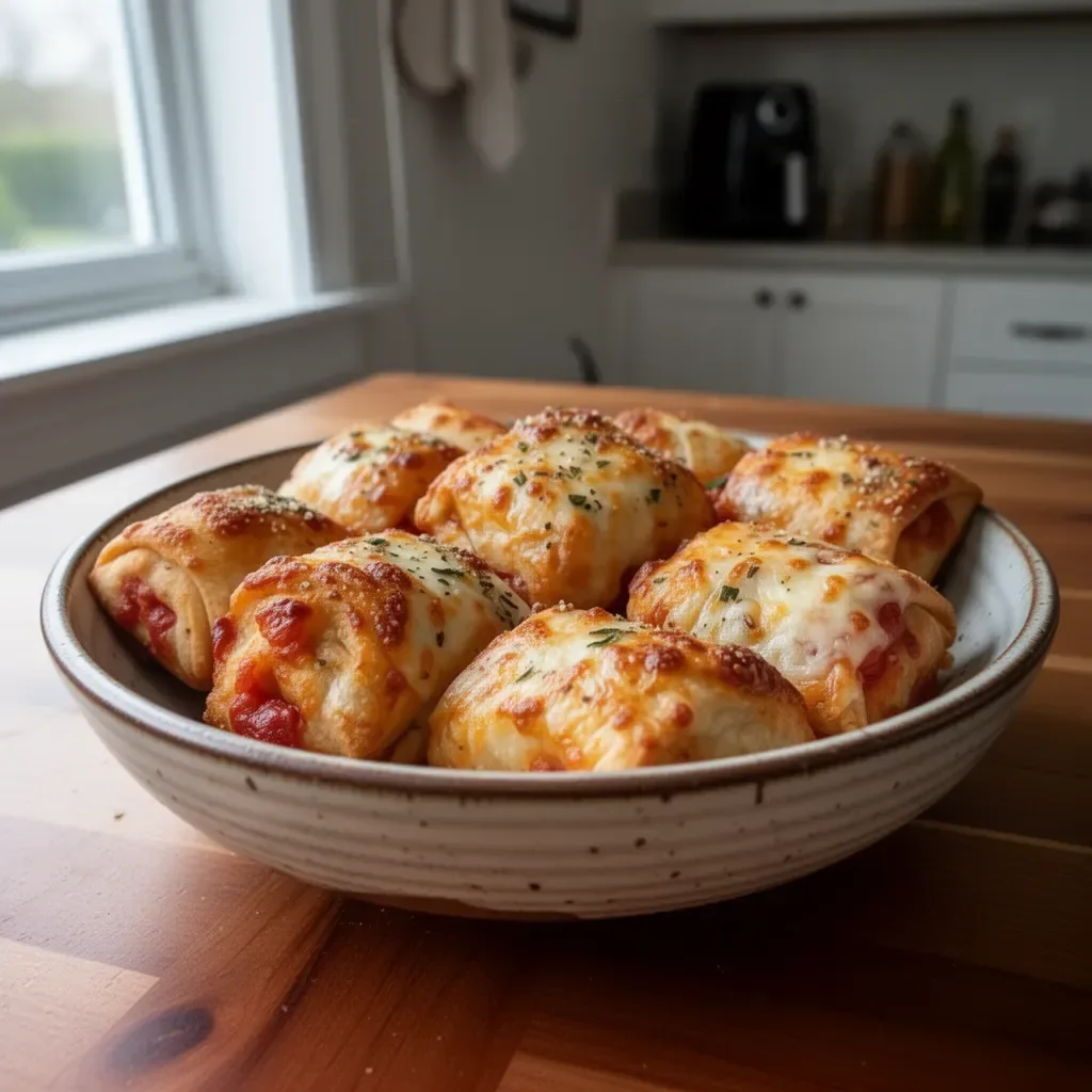 Crispy air fryer pizza rolls served on a plate