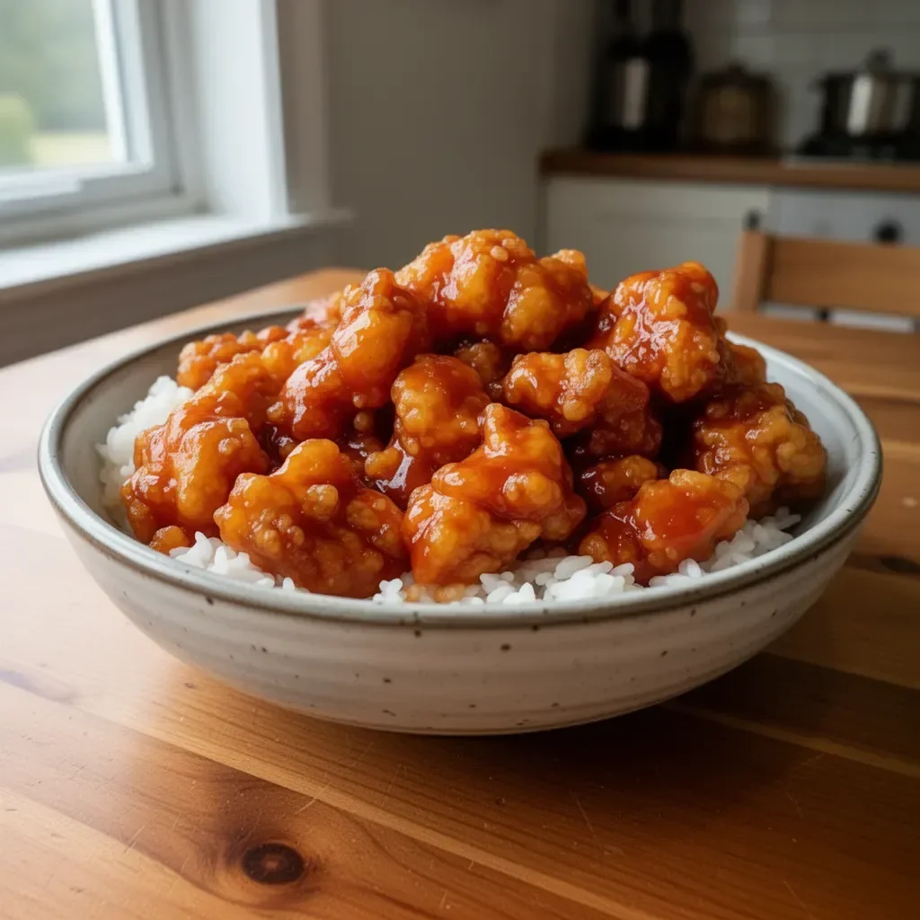 Crispy orange chicken served with a tangy sauce and garnish