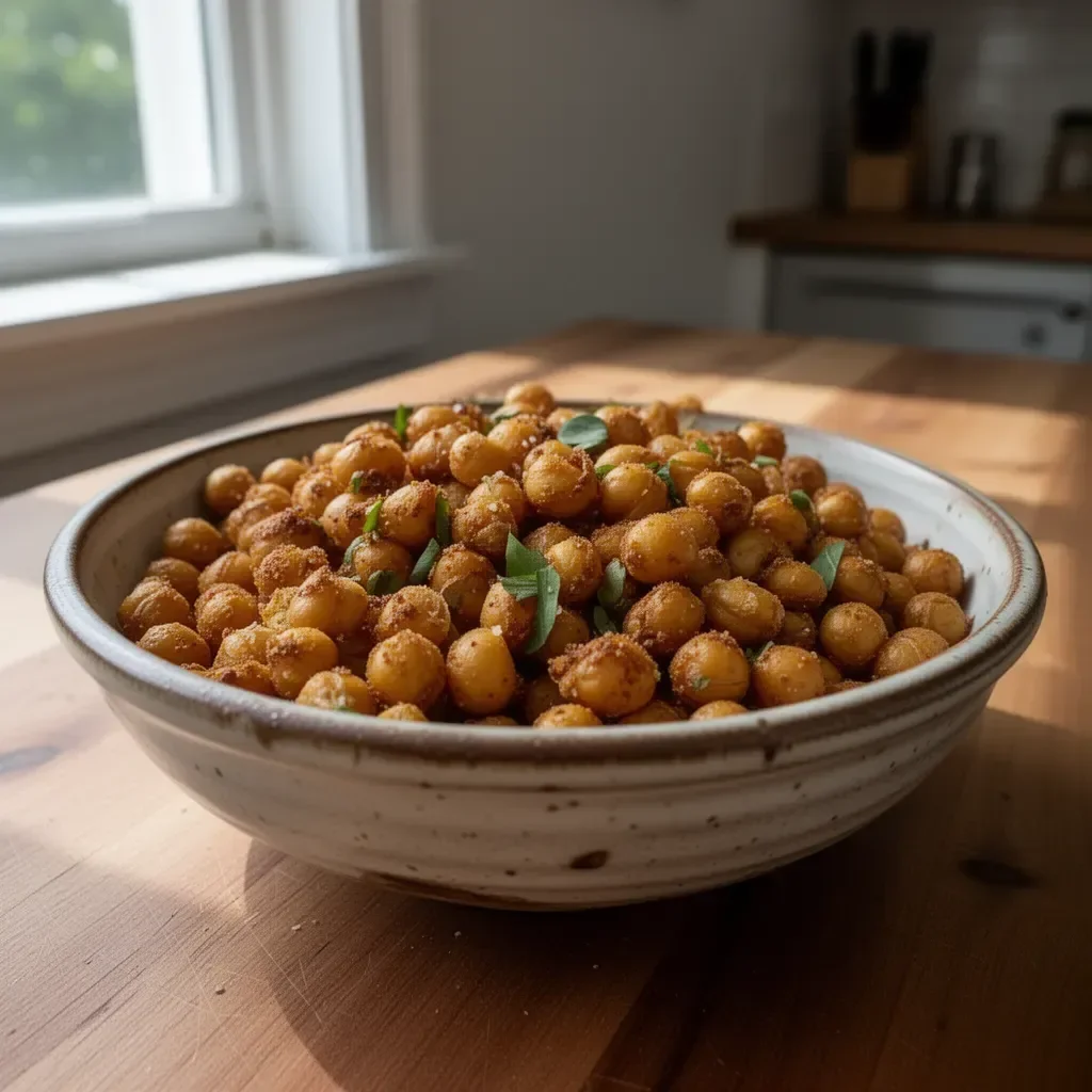 Bowl of crispy oven-roasted chickpeas served as a healthy snack