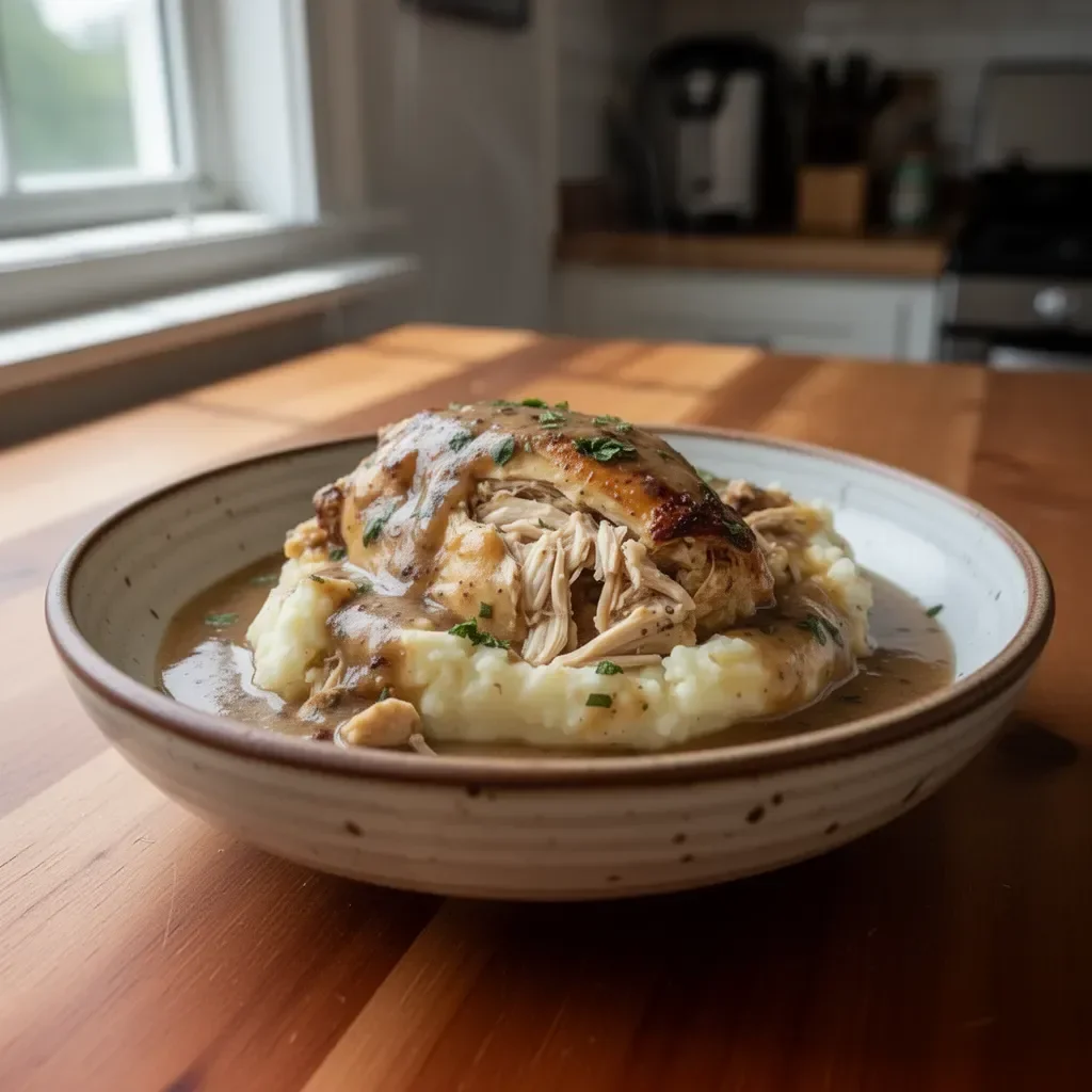 Crockpot Chicken and Gravy served in a bowl for a hearty meal.