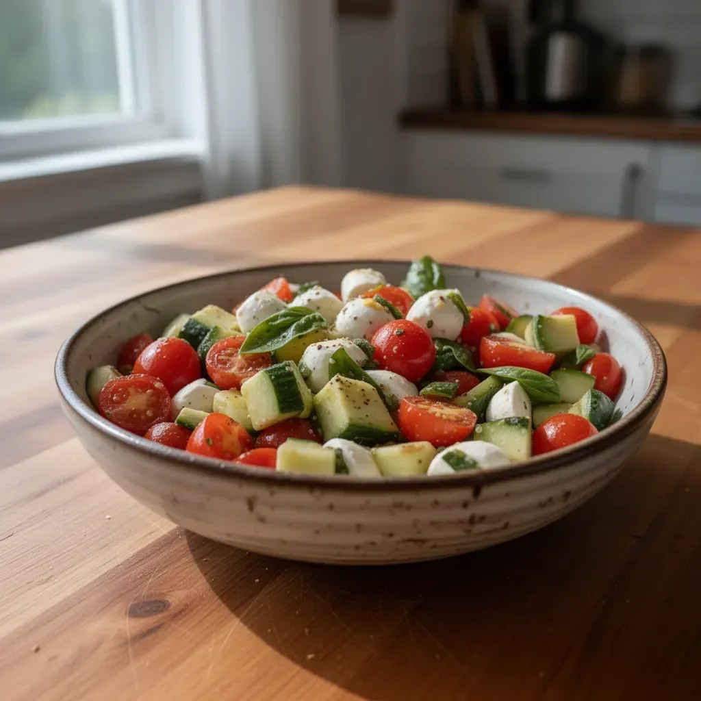 Cucumber Mozzarella Salad with fresh ingredients served in a bowl