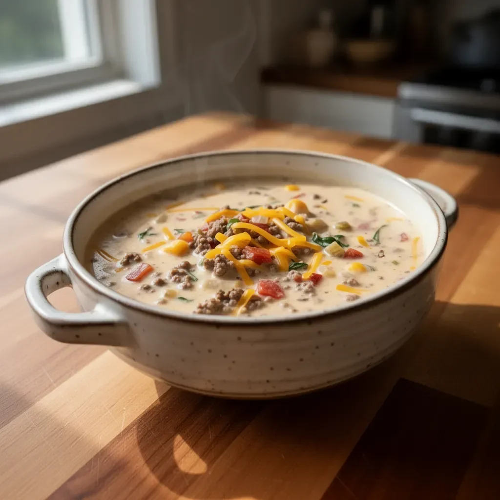 Bowl of easy cheeseburger soup topped with cheese and herbs
