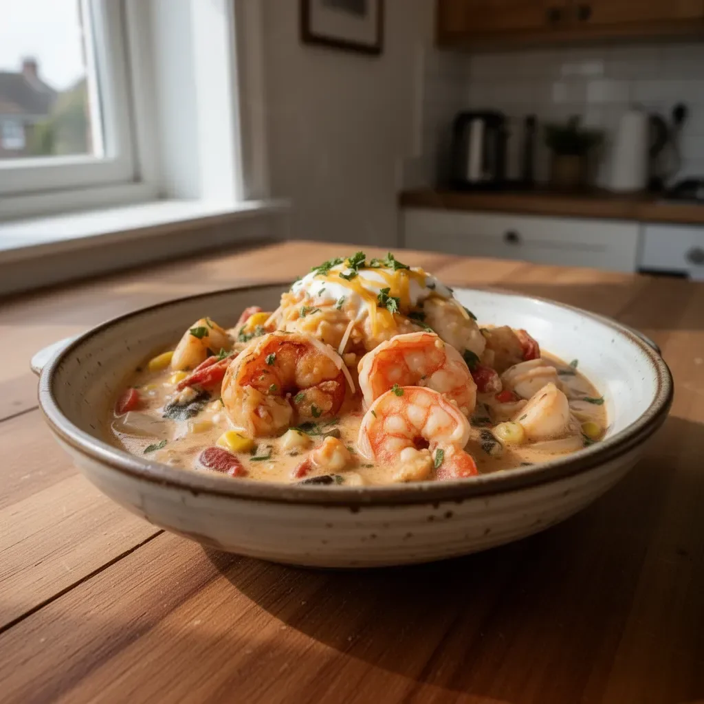 Delicious creamy seafood prawn chilli dish served with fresh herbs