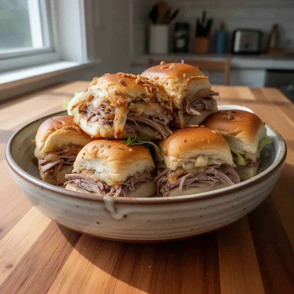 Delicious French dip sliders with tender beef and au jus served on a wooden board.
