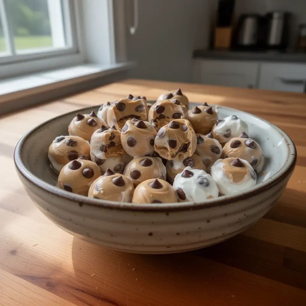 Frozen Greek yogurt peanut butter bites on a plate, perfect for a healthy snack.