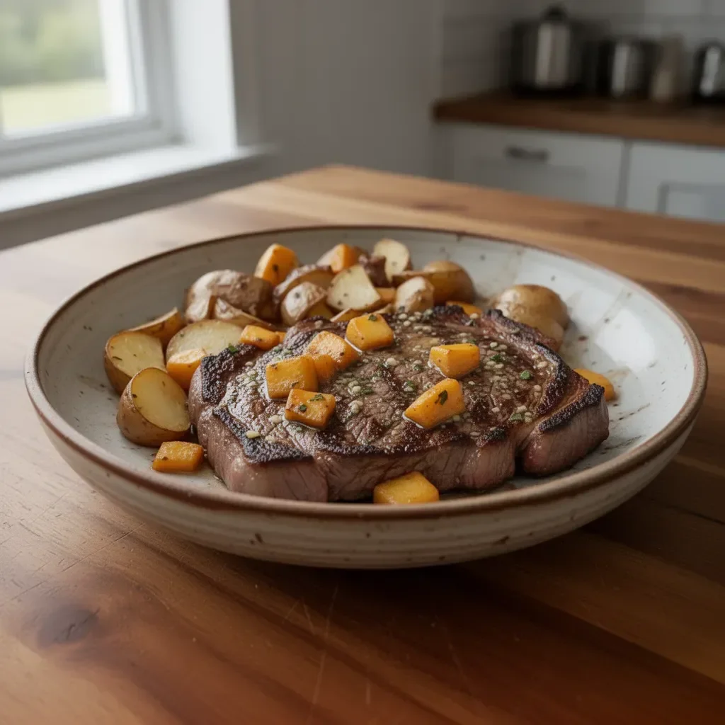 Succulent garlic butter steak served with roasted potatoes