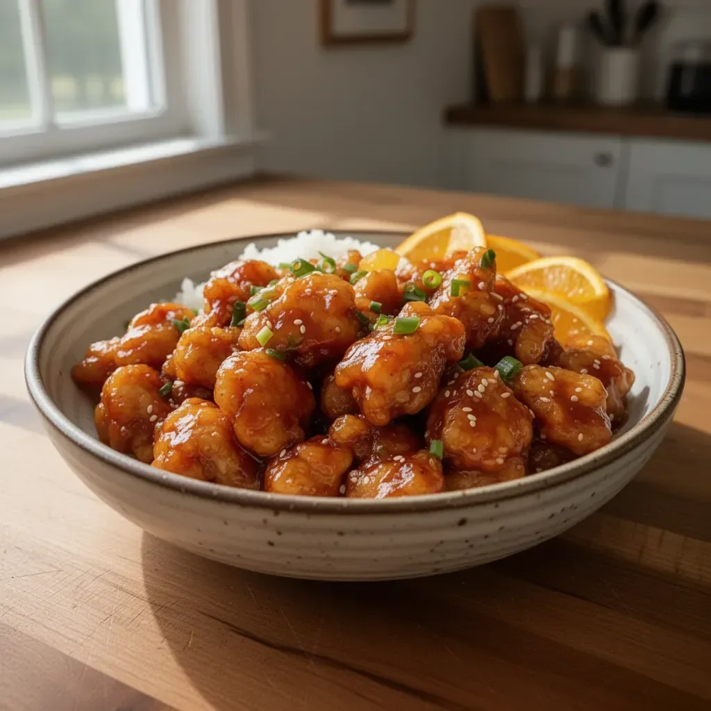 Gluten-free orange chicken served with vegetables on a plate.