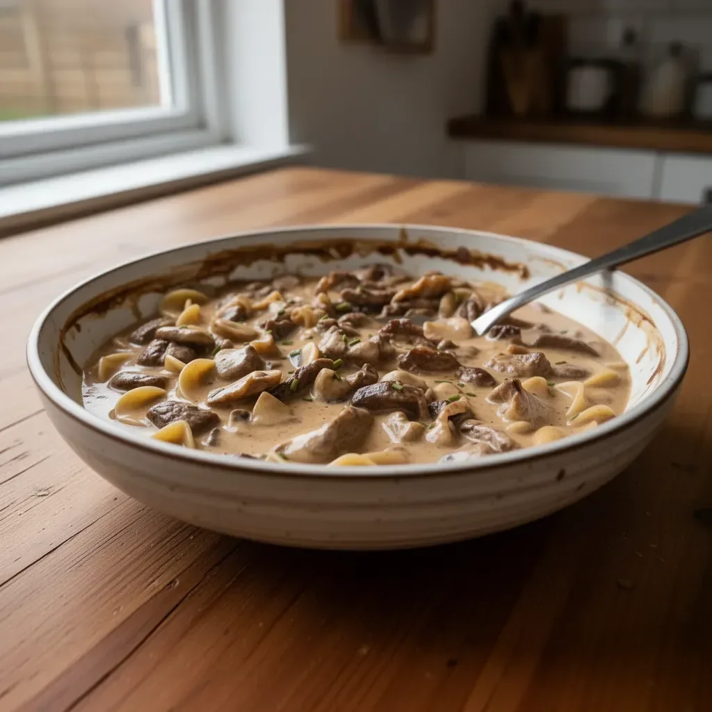 Gordon Ramsay's Beef Stroganoff with tender beef and creamy sauce served on a plate