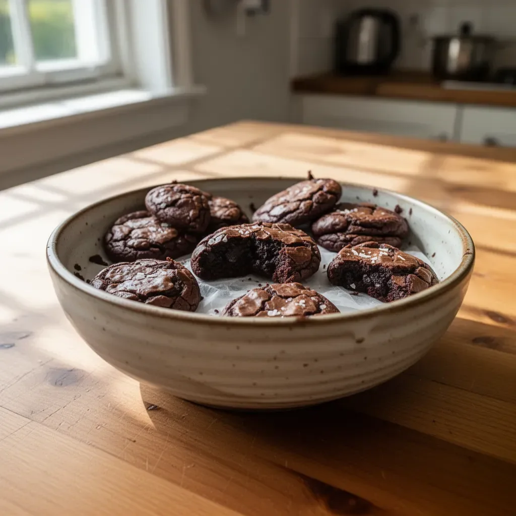 Delicious gourmet brownie cookies on a wooden plate