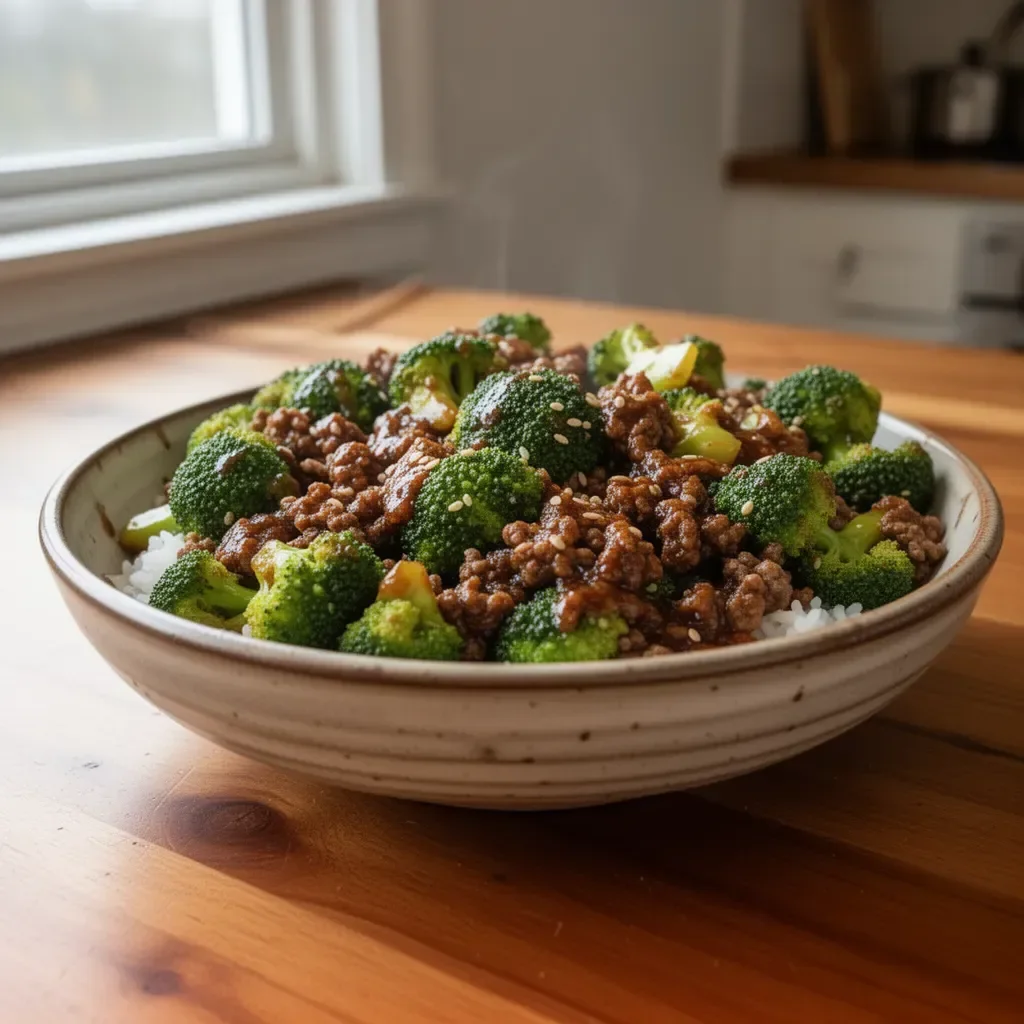 Ground beef stir-fried with broccoli for a healthy meal option.
