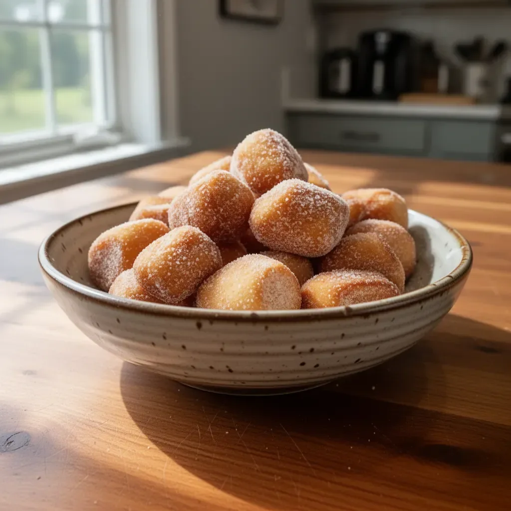 Plate of healthy air fryer churro bites dusted with cinnamon sugar